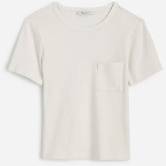 Madewell NWT Slim Fit Garment-Dyed Ribbed Crewneck Pocket Tee Size Medium Ivory - Picture 6 of 13